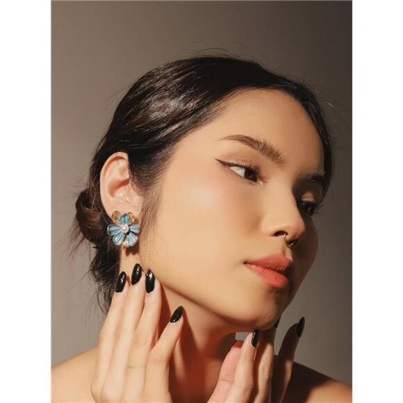 Dainty Floral Stud Earrings | Elegant Flower Pendant Studs - Picture 2 of 6